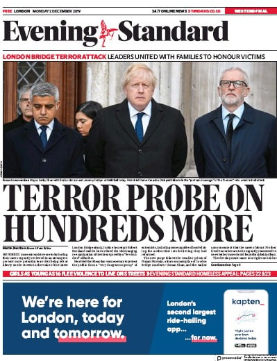 London Evening Standard Newspaper Front Page (UK) for 3 December 2019