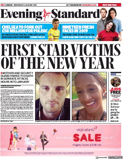 London Evening Standard Newspaper Front Page (UK) for 3 January 2019