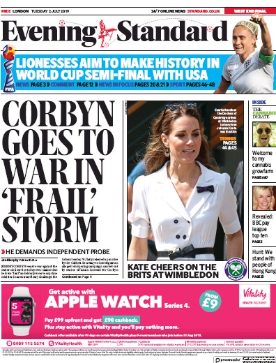London Evening Standard Newspaper Front Page (UK) for 3 July 2019
