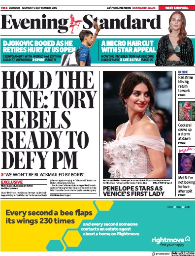 London Evening Standard Newspaper Front Page (UK) for 3 September 2019