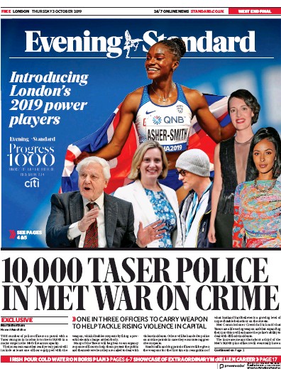 London Evening Standard Newspaper Front Page (UK) for 4 October 2019