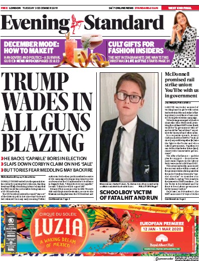 London Evening Standard Newspaper Front Page (UK) for 4 December 2019