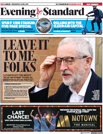 London Evening Standard Newspaper Front Page (UK) for 4 April 2019