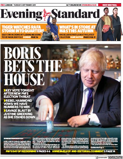 London Evening Standard Newspaper Front Page (UK) for 4 September 2019