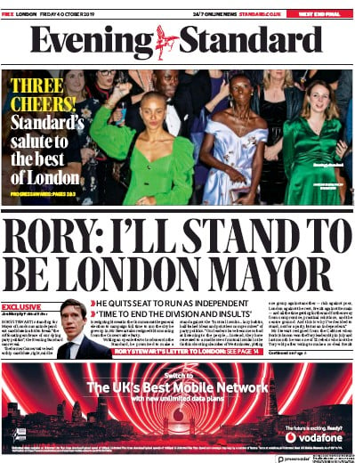 London Evening Standard Newspaper Front Page (UK) for 5 October 2019
