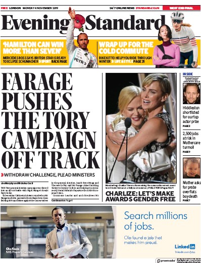 London Evening Standard Newspaper Front Page (UK) for 5 November 2019