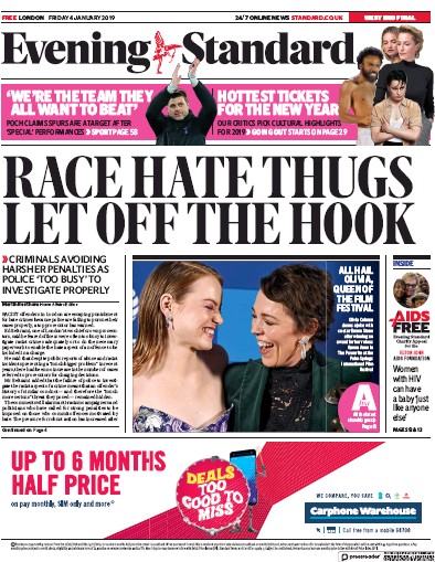 London Evening Standard Newspaper Front Page (UK) for 5 January 2019