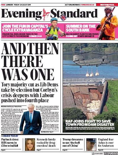 London Evening Standard Newspaper Front Page (UK) for 5 August 2019