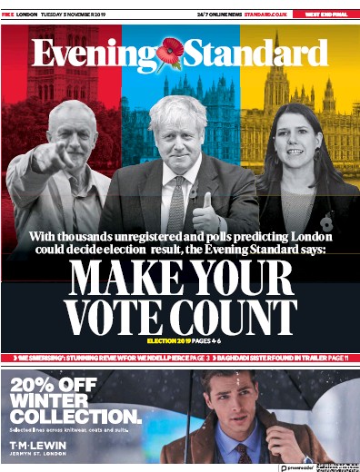London Evening Standard Newspaper Front Page (UK) for 6 November 2019