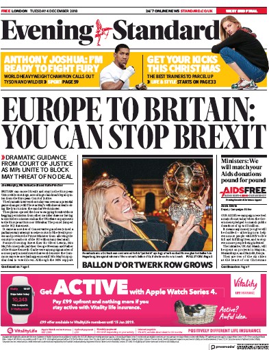 London Evening Standard Newspaper Front Page (UK) for 6 December 2018