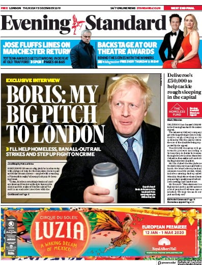 London Evening Standard Newspaper Front Page (UK) for 6 December 2019