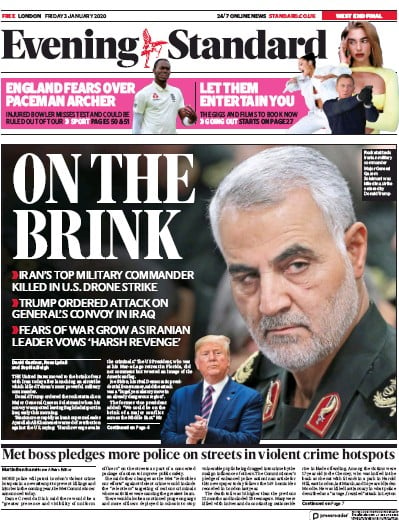London Evening Standard Newspaper Front Page (UK) for 6 January 2020