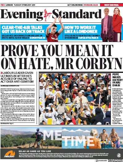 London Evening Standard Newspaper Front Page (UK) for 6 February 2019