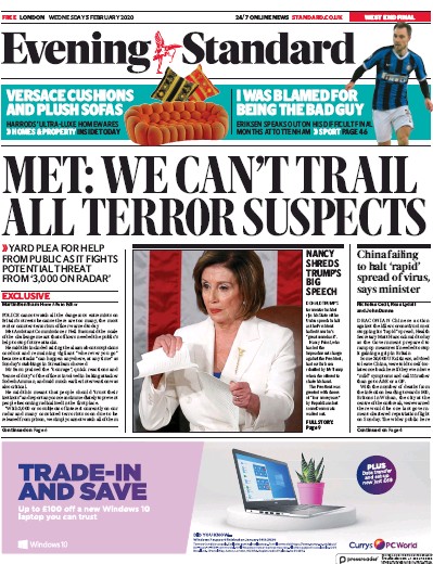 London Evening Standard Newspaper Front Page (UK) for 6 February 2020