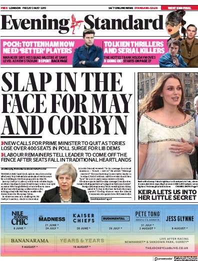 London Evening Standard Newspaper Front Page (UK) for 6 May 2019