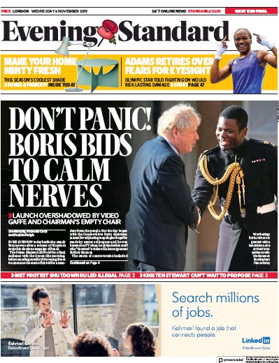 London Evening Standard Newspaper Front Page (UK) for 7 November 2019