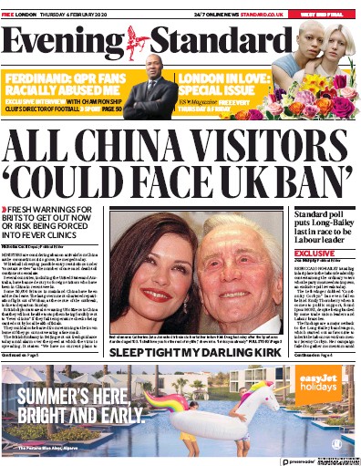 London Evening Standard Newspaper Front Page (UK) for 7 February 2020