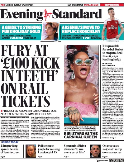 London Evening Standard Newspaper Front Page (UK) for 7 August 2019