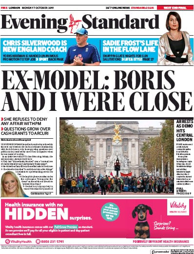 London Evening Standard Newspaper Front Page (UK) for 8 October 2019