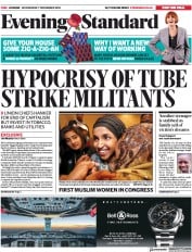 London Evening Standard (UK) Newspaper Front Page for 8 November 2018