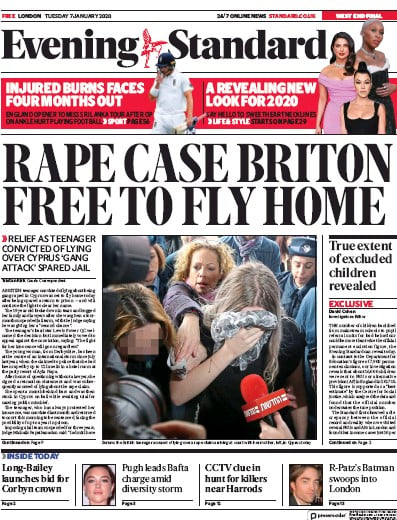 London Evening Standard Newspaper Front Page (UK) for 8 January 2020