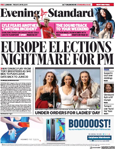 London Evening Standard Newspaper Front Page (UK) for 8 April 2019