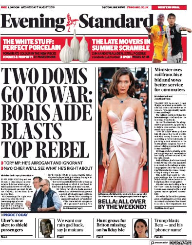 London Evening Standard Newspaper Front Page (UK) for 8 August 2019