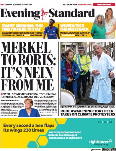 London Evening Standard Newspaper Front Page (UK) for 9 October 2019