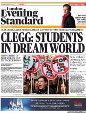 London Evening Standard Newspaper Front Page (UK) for 9 December 2010