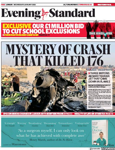 London Evening Standard Newspaper Front Page (UK) for 9 January 2020