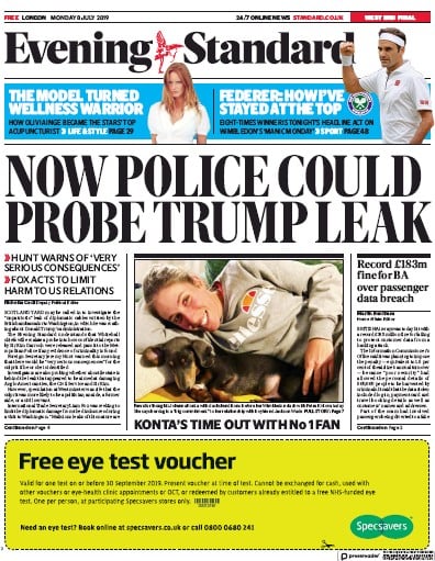 London Evening Standard Newspaper Front Page (UK) for 9 July 2019