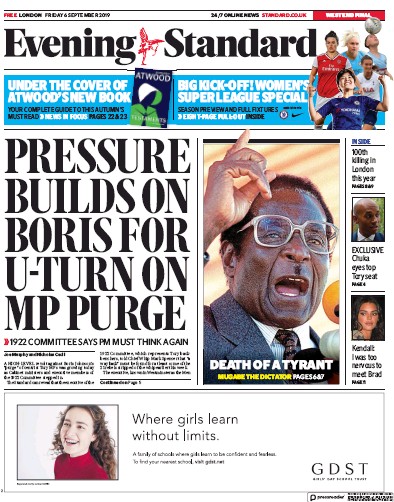 London Evening Standard Newspaper Front Page (UK) for 9 September 2019