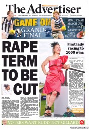 The Advertiser (Australia) Newspaper Front Page for 30 September 2011
