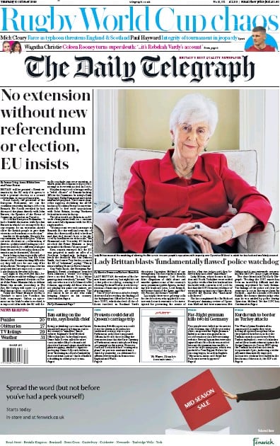 The Daily Telegraph Newspaper Front Page (UK) for 10 October 2019