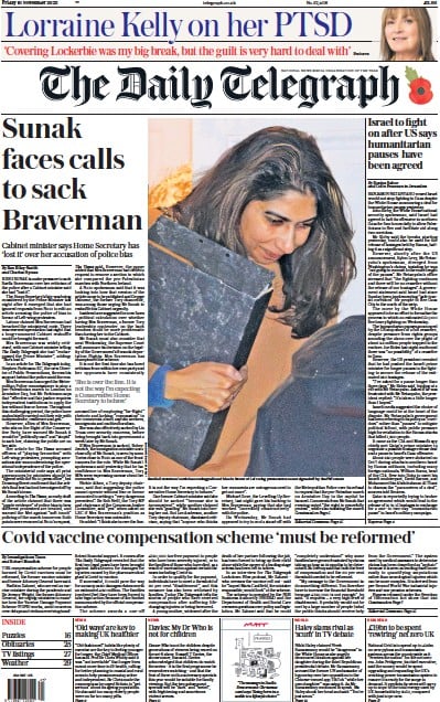 The Daily Telegraph Newspaper Front Page (UK) for 10 November 2023