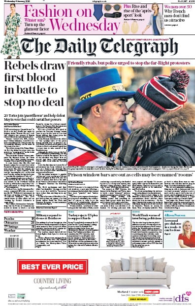 The Daily Telegraph Newspaper Front Page (UK) for 10 January 2019