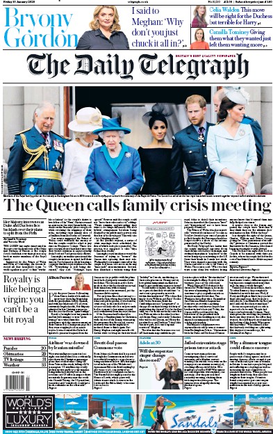 The Daily Telegraph Newspaper Front Page (UK) for 10 January 2020