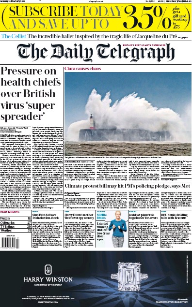 The Daily Telegraph Newspaper Front Page (UK) for 10 February 2020