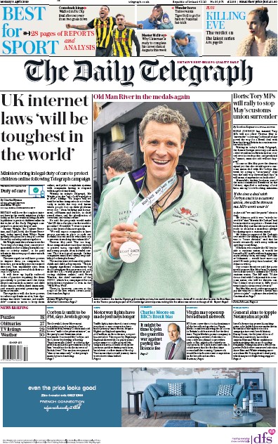 The Daily Telegraph Newspaper Front Page (UK) for 10 April 2019