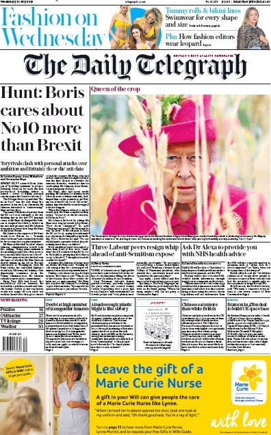 The Daily Telegraph Newspaper Front Page (UK) for 10 July 2019