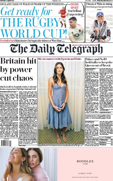 The Daily Telegraph Newspaper Front Page (UK) for 10 August 2019