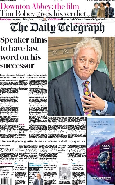 The Daily Telegraph Newspaper Front Page (UK) for 10 September 2019