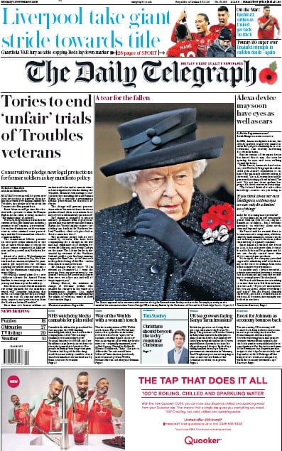 The Daily Telegraph Newspaper Front Page (UK) for 11 November 2019