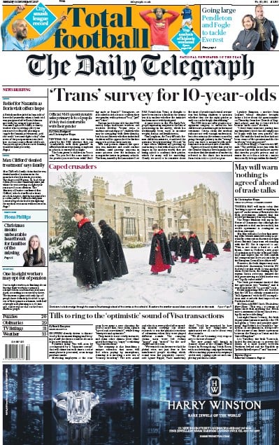The Daily Telegraph Newspaper Front Page (UK) for 11 December 2017