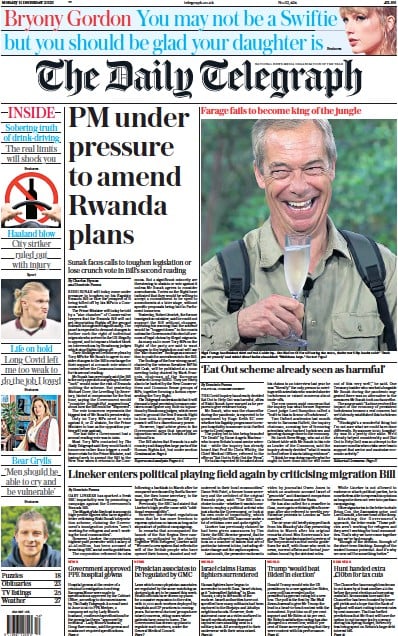 The Daily Telegraph Newspaper Front Page (UK) for 11 December 2023