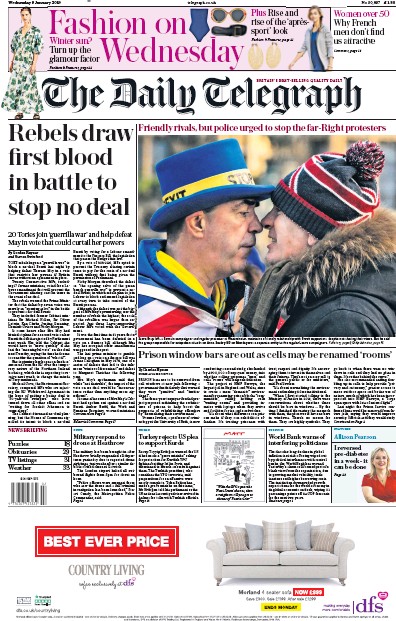 The Daily Telegraph Newspaper Front Page (UK) for 11 January 2019