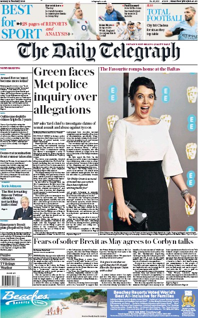 The Daily Telegraph Newspaper Front Page (UK) for 11 February 2019