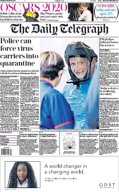 The Daily Telegraph Newspaper Front Page (UK) for 11 February 2020