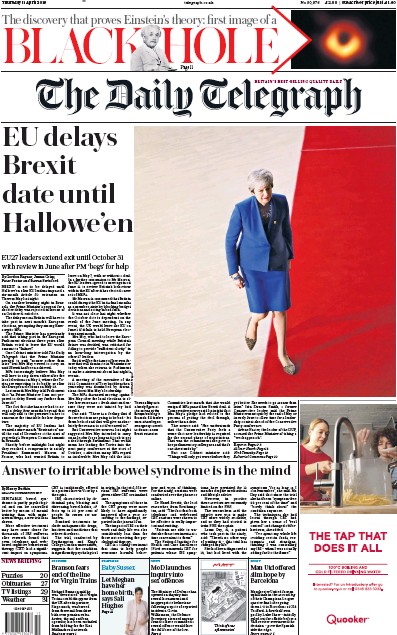 The Daily Telegraph Newspaper Front Page (UK) for 11 April 2019