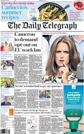 The Daily Telegraph Newspaper Front Page (UK) for 11 July 2015